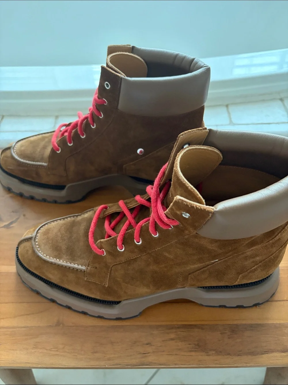Genuine Hermes Men's Brown Suede Lace-Up Boot with Red Laces